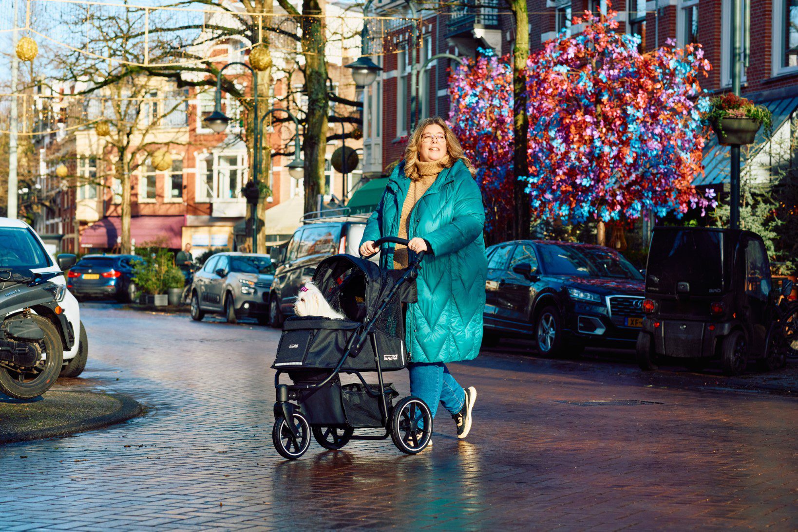 Lady is walking with the innopet premium cozy dog pram with her maltese dog in an urbanisation.