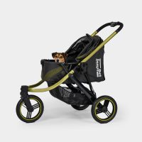 Small dog peeking out from the InnoPet Premium Comfort dog stroller in Black.