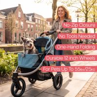 The InnoPet Premium Comfort is the best dog buggy for dogs weighing up to 25kg. It features a high push bar, is easy to fold and has an aluminium frame. The best dog buggy for running.