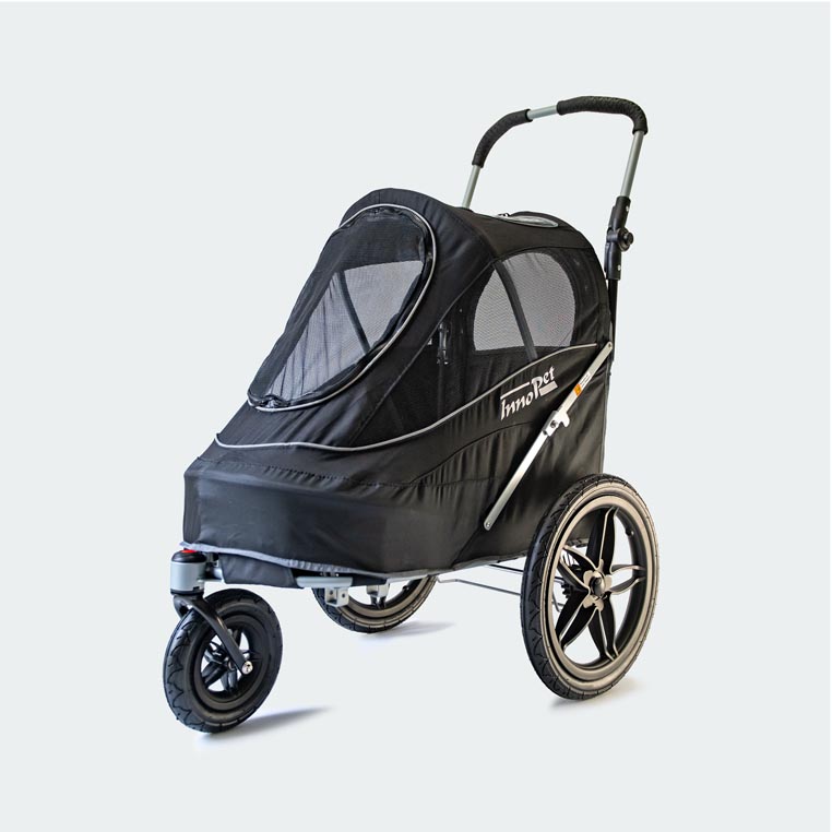 InnoPet Sporty EVR dog stroller with rubber all terrain wheels and a spacious cabin for comfortable rides on city routes and forest paths