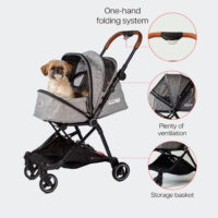 Features of the Innopet City Buggy cat carrier include a faux leather push bar, storage basket and ventilation mesh.